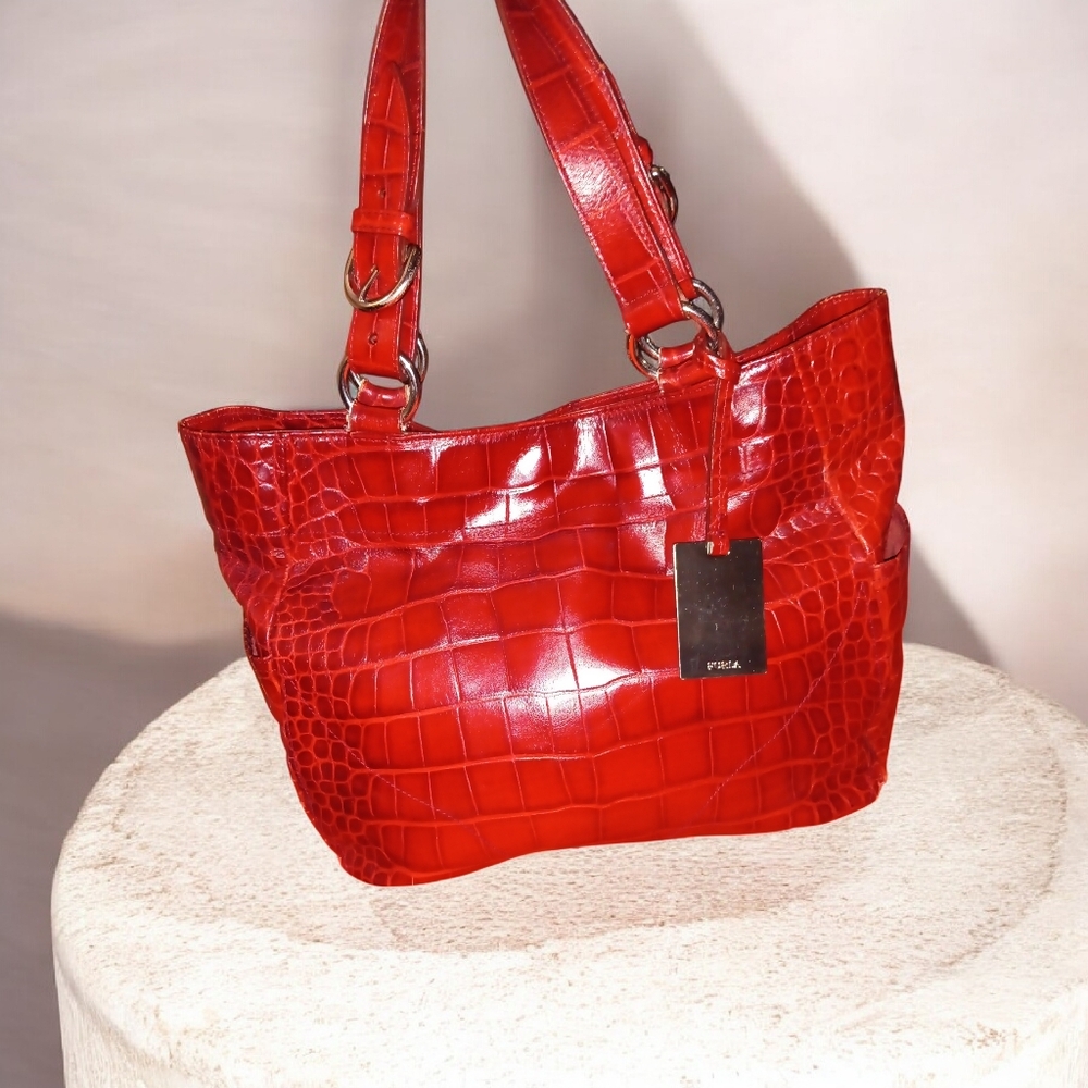 Furla Glossy Red Crocodile-Embossed Shoulder Bag